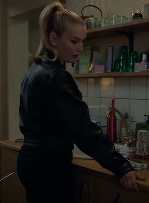 Camille Razat Emily in Paris Black Leather Jacket – close-up and worn views
