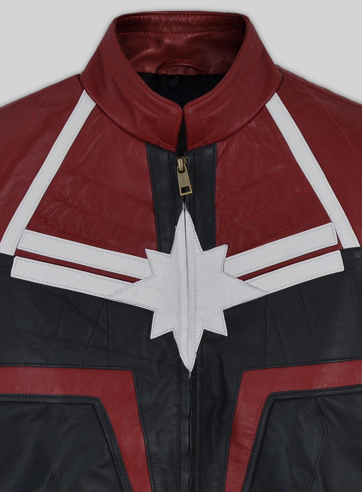 Captain Marvel White Leather Jacket – close-up and worn views