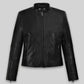 Carrie Anne Moss The Matrix Resurrections Black Leather Jacket – front view