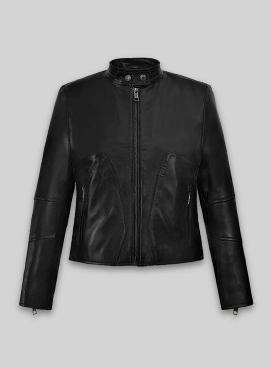 Carrie Anne Moss The Matrix Resurrections Black Leather Jacket – front view