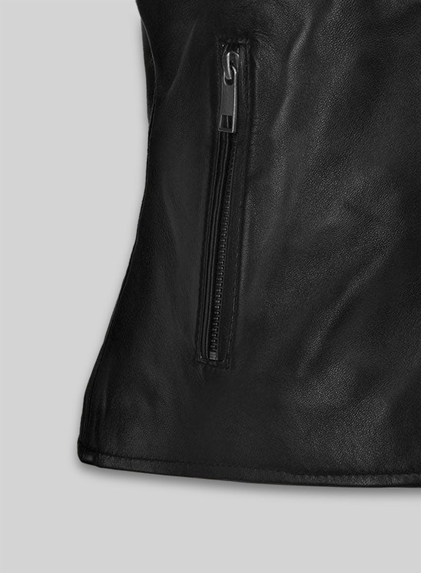 Carrie Anne Moss The Matrix Resurrections Black Leather Jacket – close-up and worn views