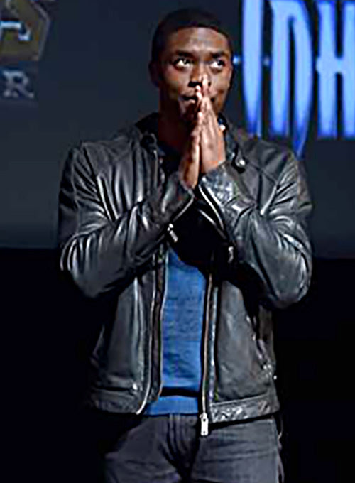 Chadwick Boseman Black Leather Jacket – close-up and worn views