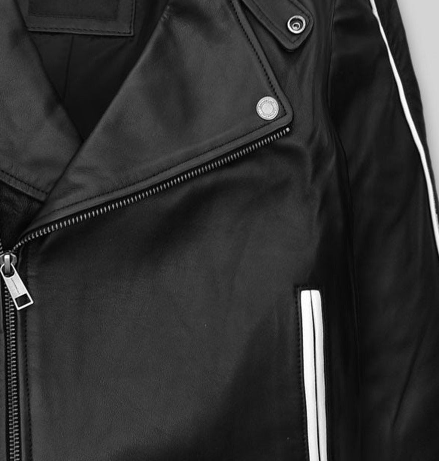 Channing Tatum Black Leather Jacket – close-up detail of front closure, pocket and leather stitching