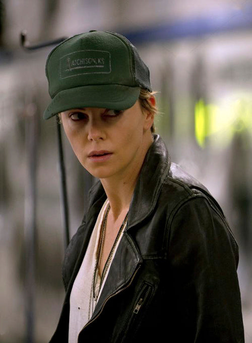Charlize Theron Dark Places Black Leather Jacket – close-up and worn views