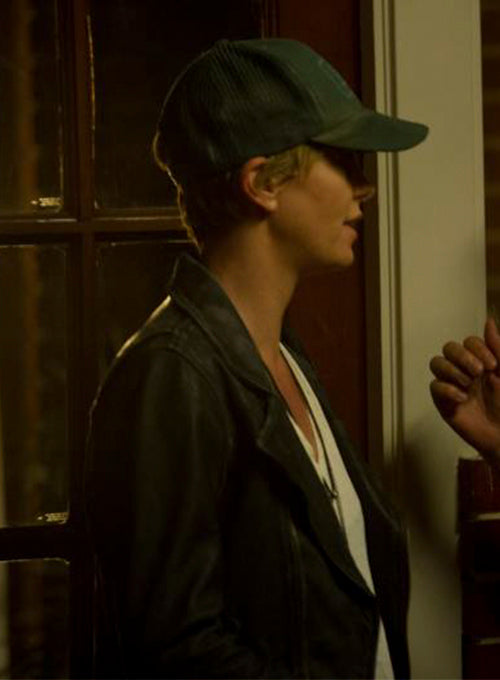 Charlize Theron Dark Places Black Leather Jacket – close-up and worn views
