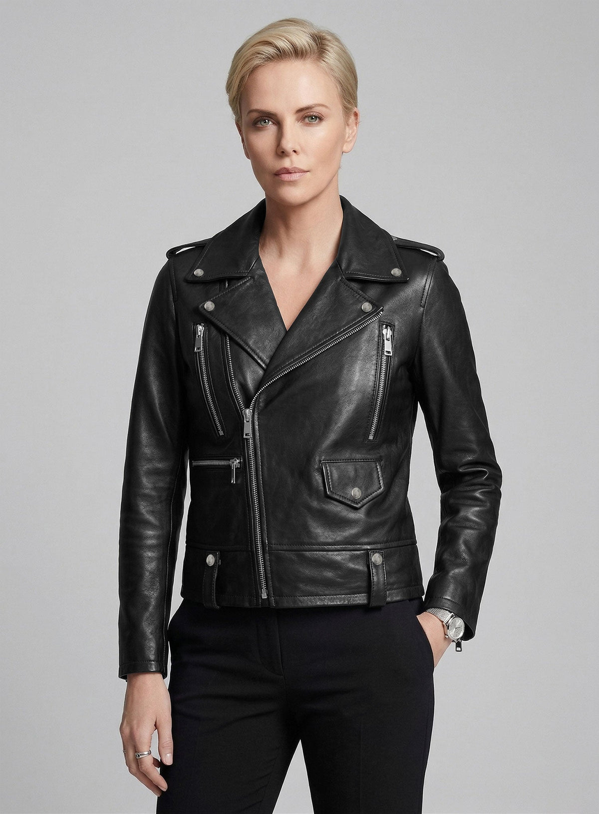 Charlize Theron Black Leather Jacket – back view