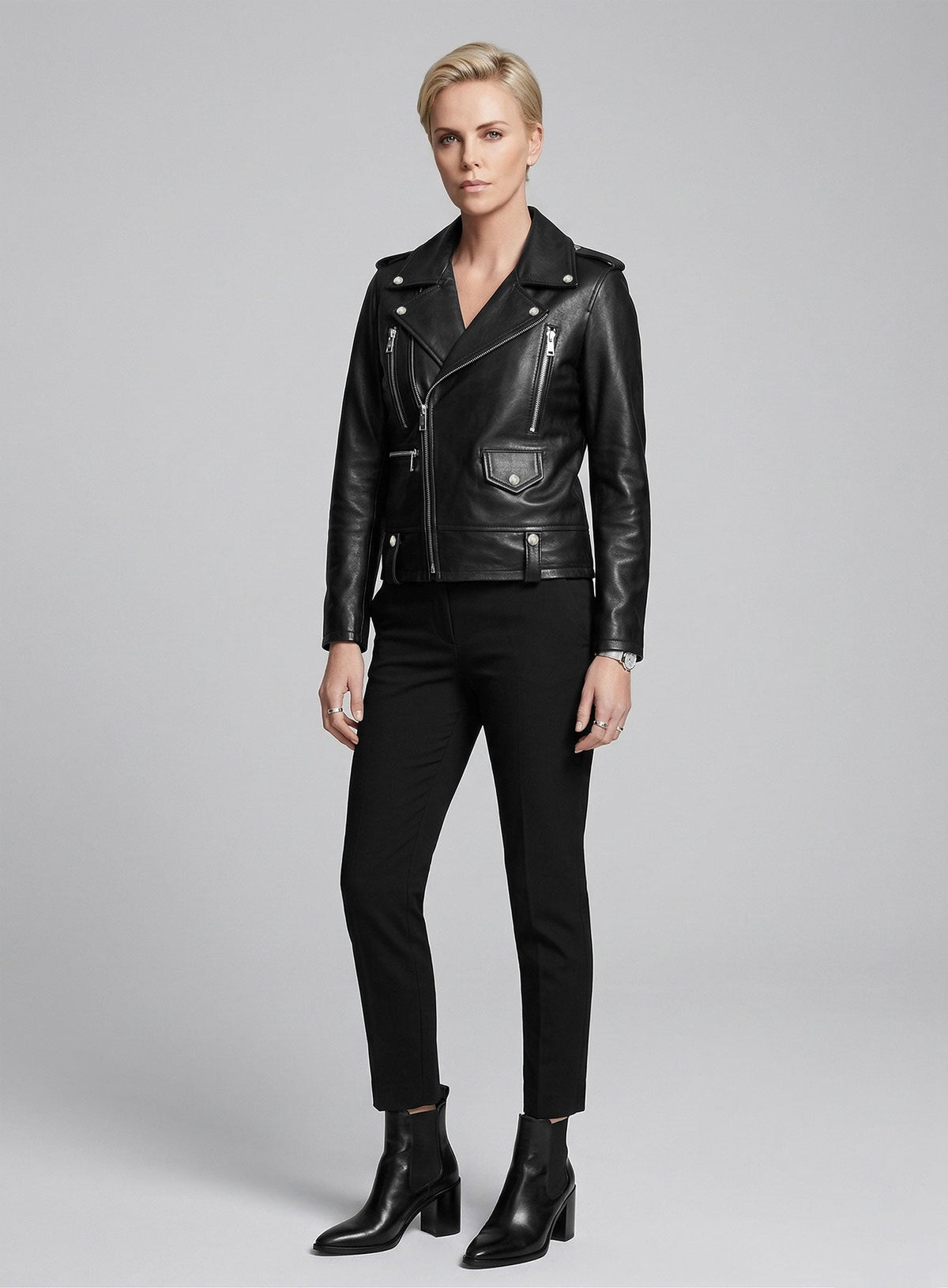 Charlize Theron Black Leather Jacket – close-up and worn views