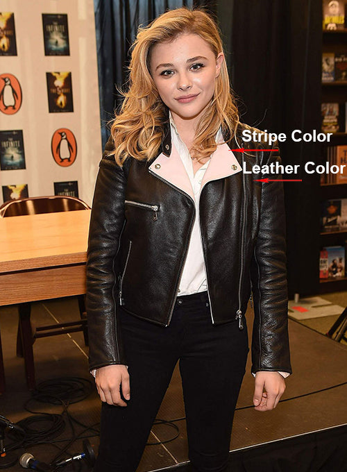 Chloe Grace Moretz Black Leather Jacket – close-up and worn views