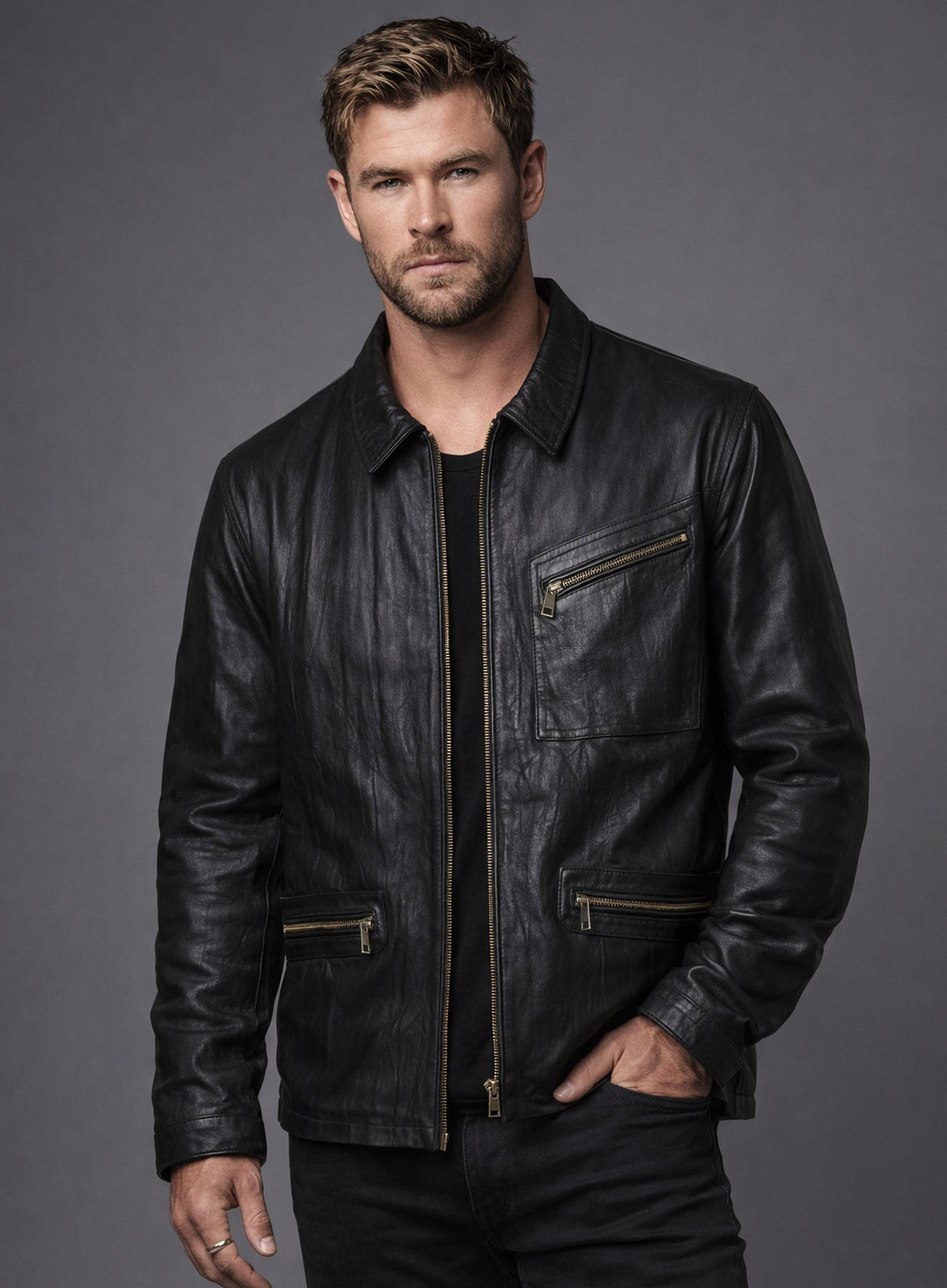 Chris Hemsworth Black Leather Jacket – alternate view