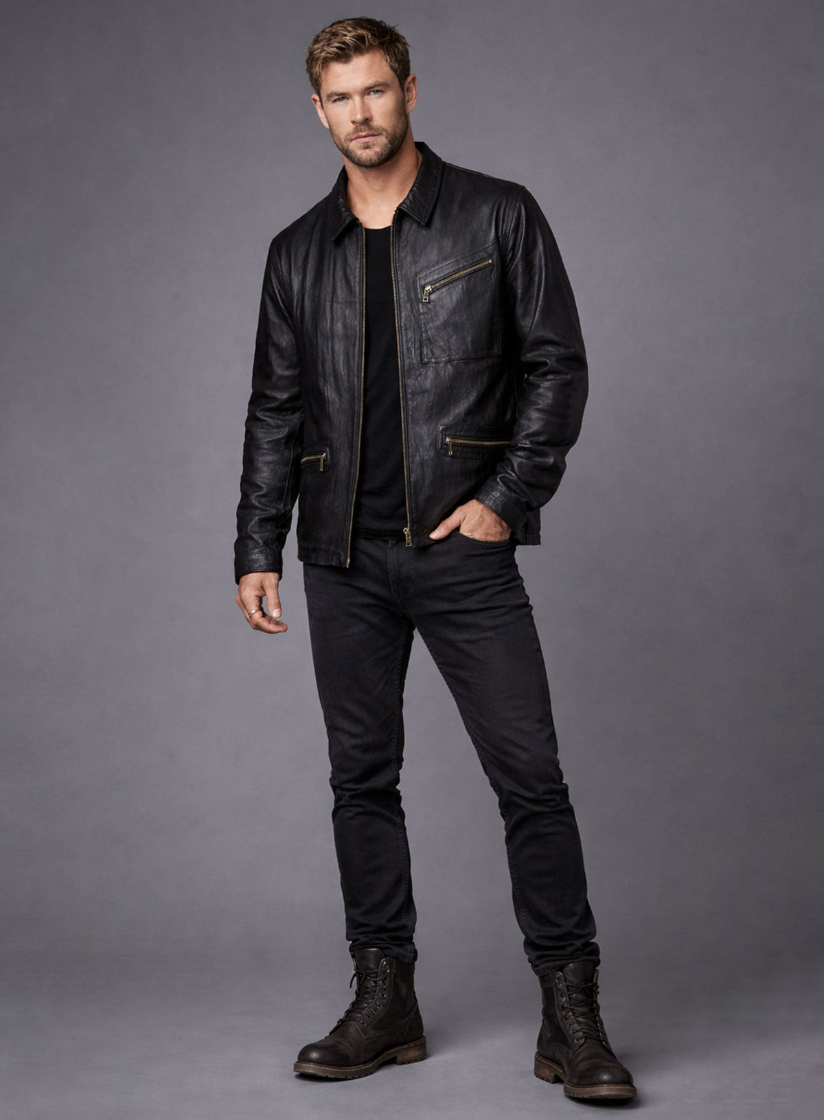 Chris Hemsworth Black Leather Jacket – close-up and worn views