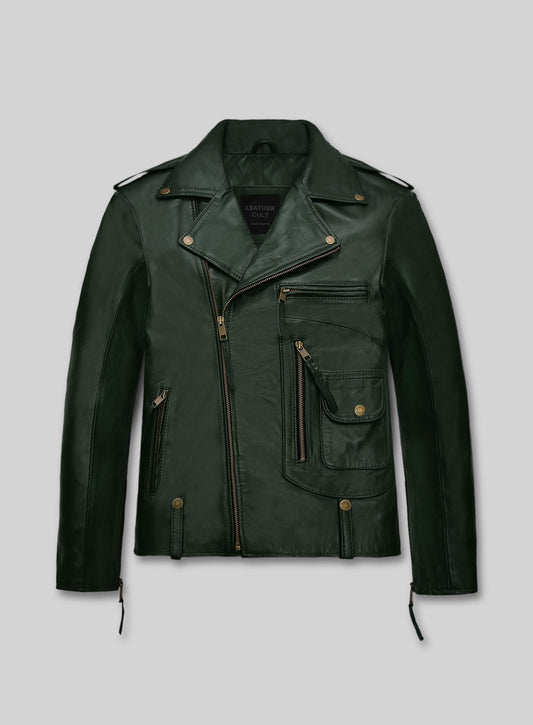 Chris Pine Dark Green Biker Leather Jacket – front view