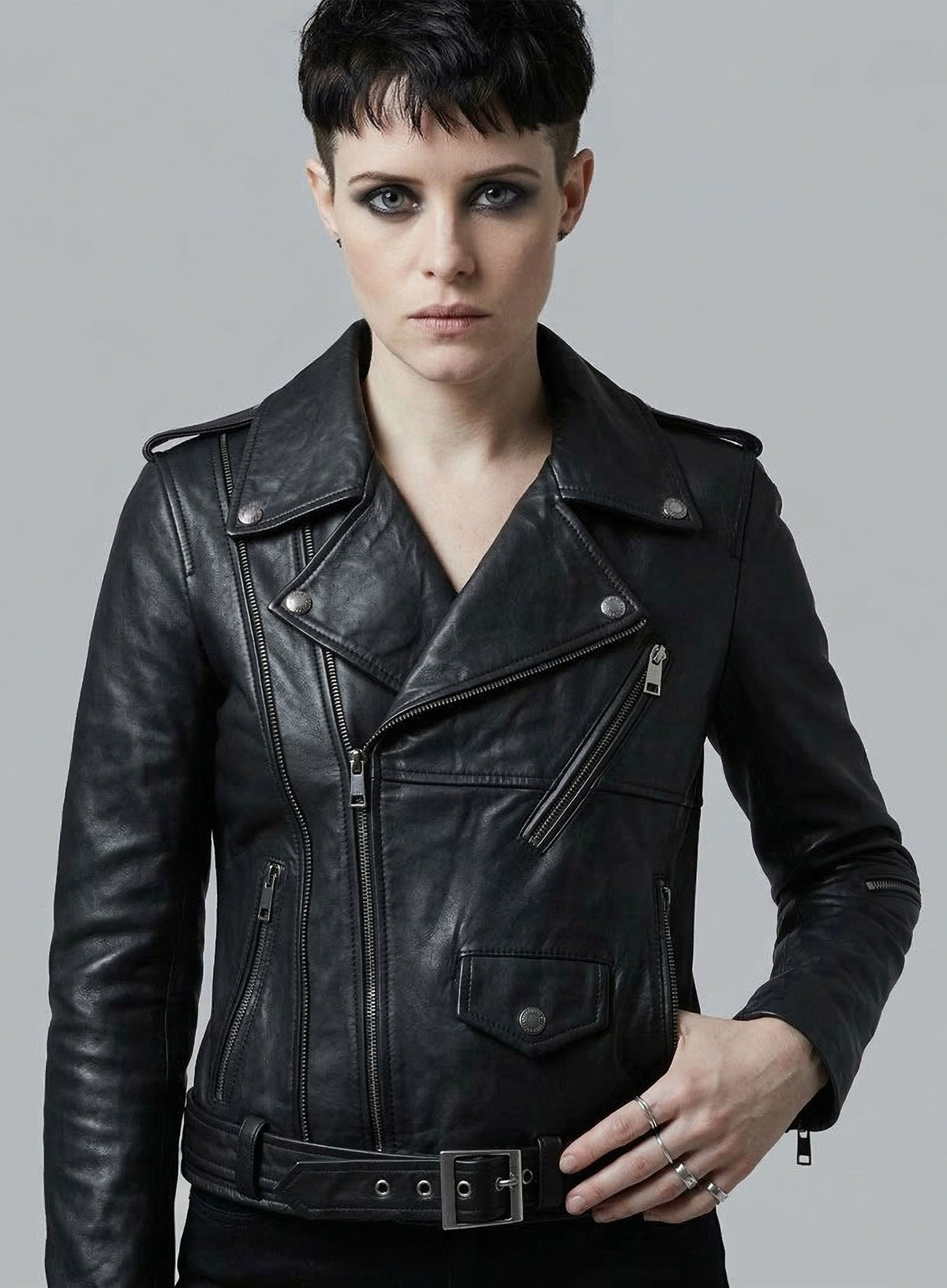 Claire Foy The Girl in the Spider's Web Black Leather Jacket – close-up and worn views
