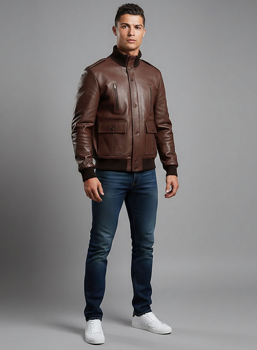 Cristiano Ronaldo Black Bomber Leather Jacket – close-up and worn views