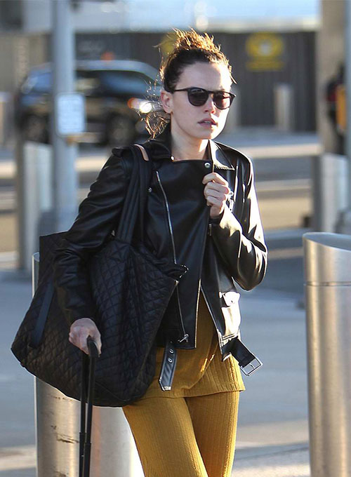 Daisy Ridley Black Biker Leather Jacket – front view