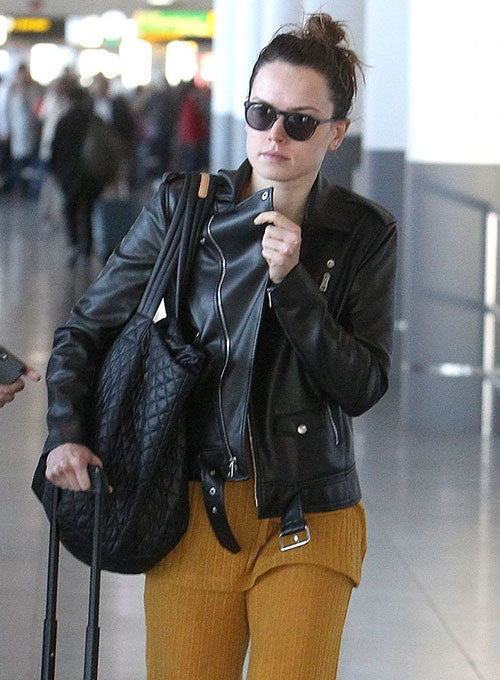 Daisy Ridley Black Biker Leather Jacket – alternate view