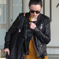 Daisy Ridley Black Biker Leather Jacket – close-up and worn views