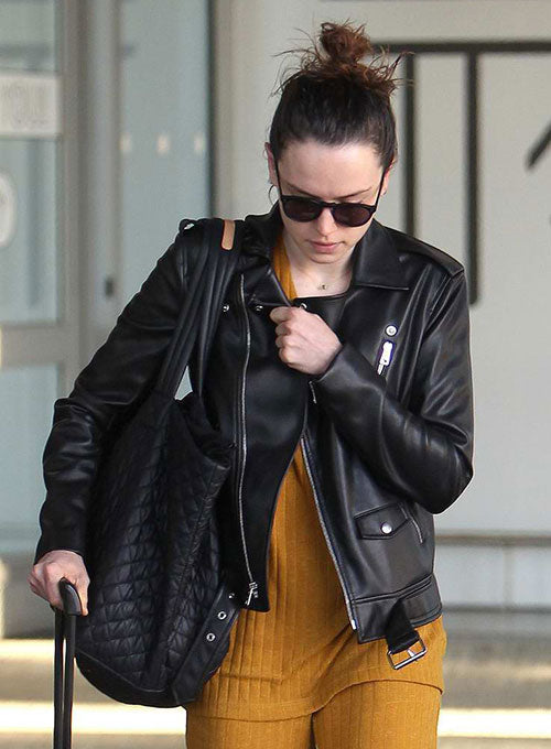 Daisy Ridley Black Biker Leather Jacket – close-up and worn views