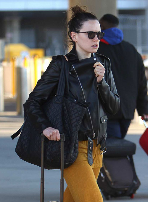 Daisy Ridley Black Biker Leather Jacket – close-up and worn views