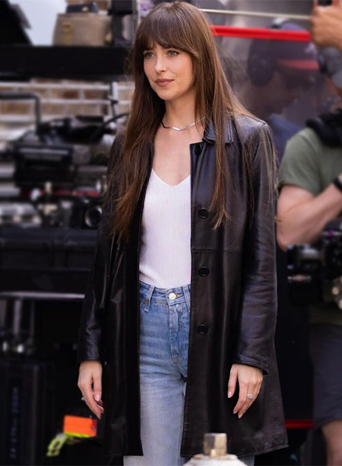 Dakota Johnson Materialists Black Leather Long Coat – front view