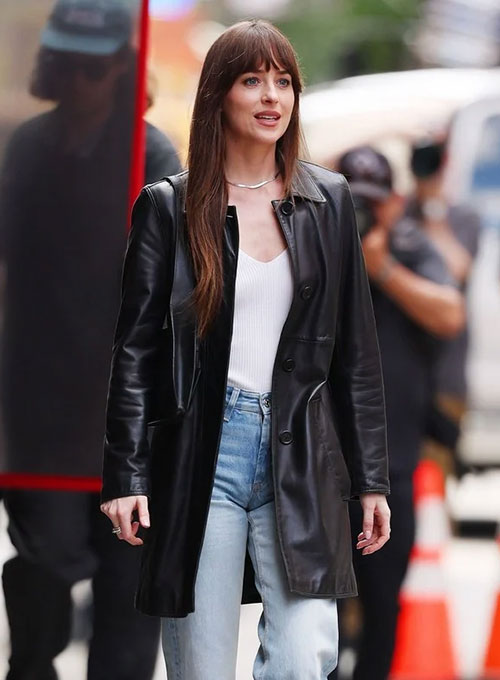 Dakota Johnson Materialists Black Leather Long Coat – alternate view