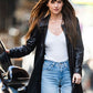 Dakota Johnson Materialists Black Leather Long Coat – close-up and worn views