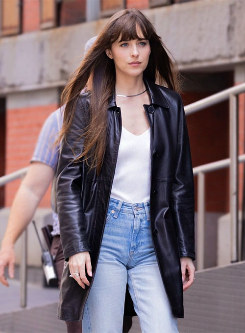 Dakota Johnson Materialists Black Leather Long Coat – close-up and worn views