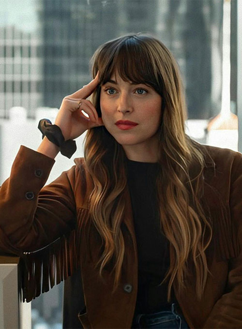 Dakota Johnson The High Note Black Suede Leather Jacket – close-up and worn views