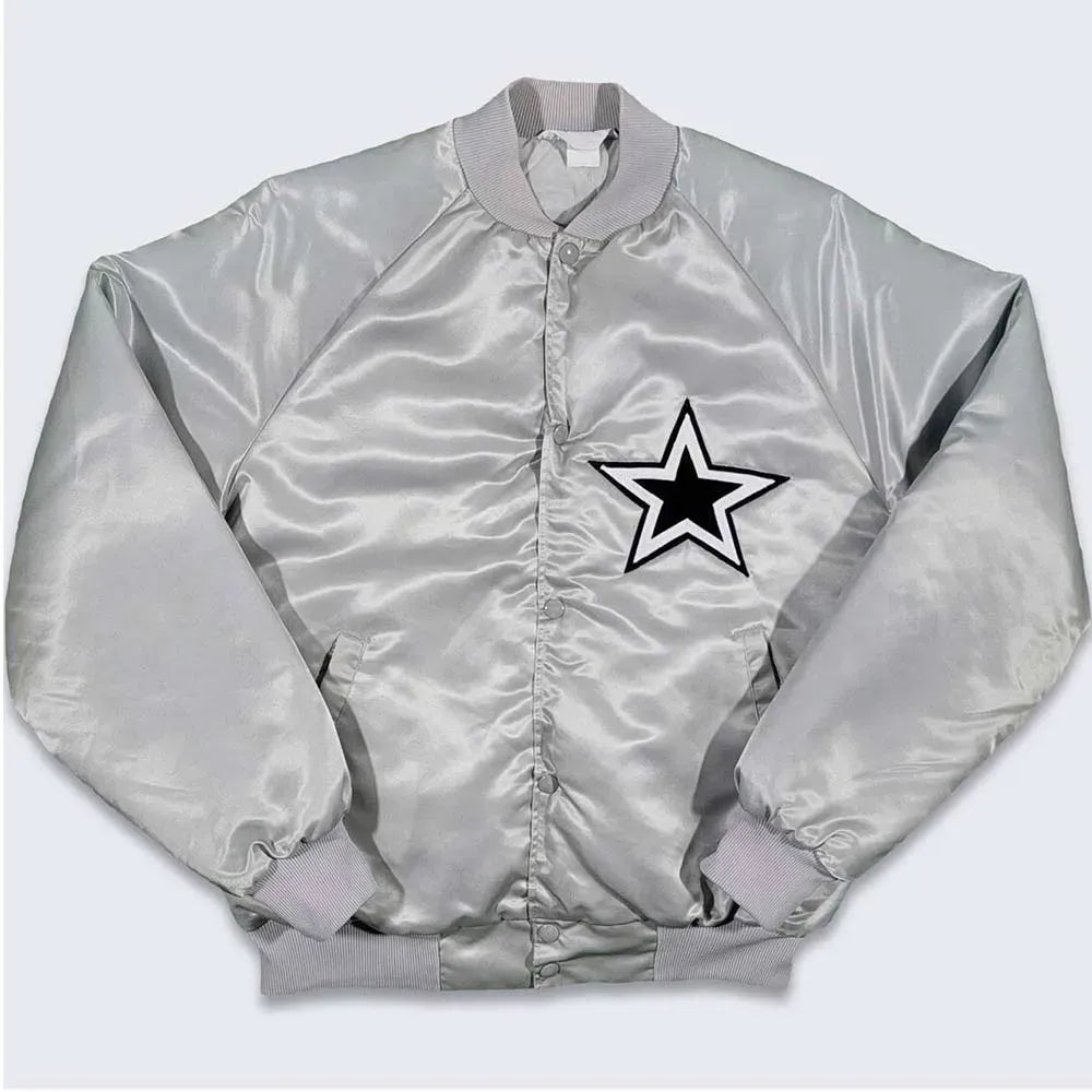 Silver Dallas Cowboys 80s Bomber Full-Snap Satin Jacket