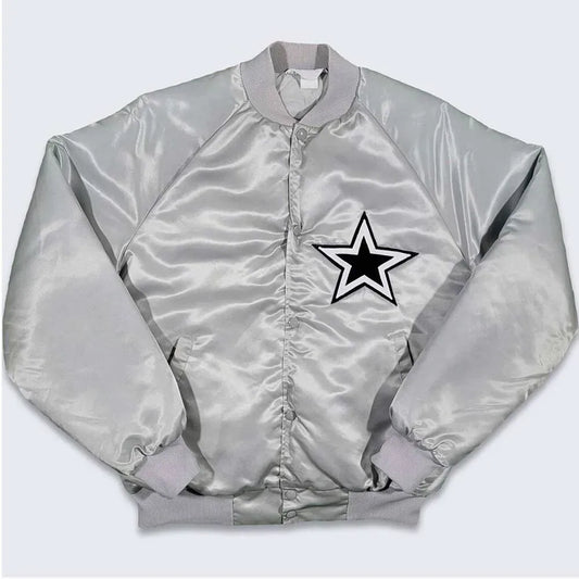 Silver Dallas Cowboys 80s Bomber Full-Snap Satin Jacket