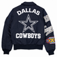 Dallas Cowboys navy MA-1 inspired bomber jacket back with COWBOYS lettering below star