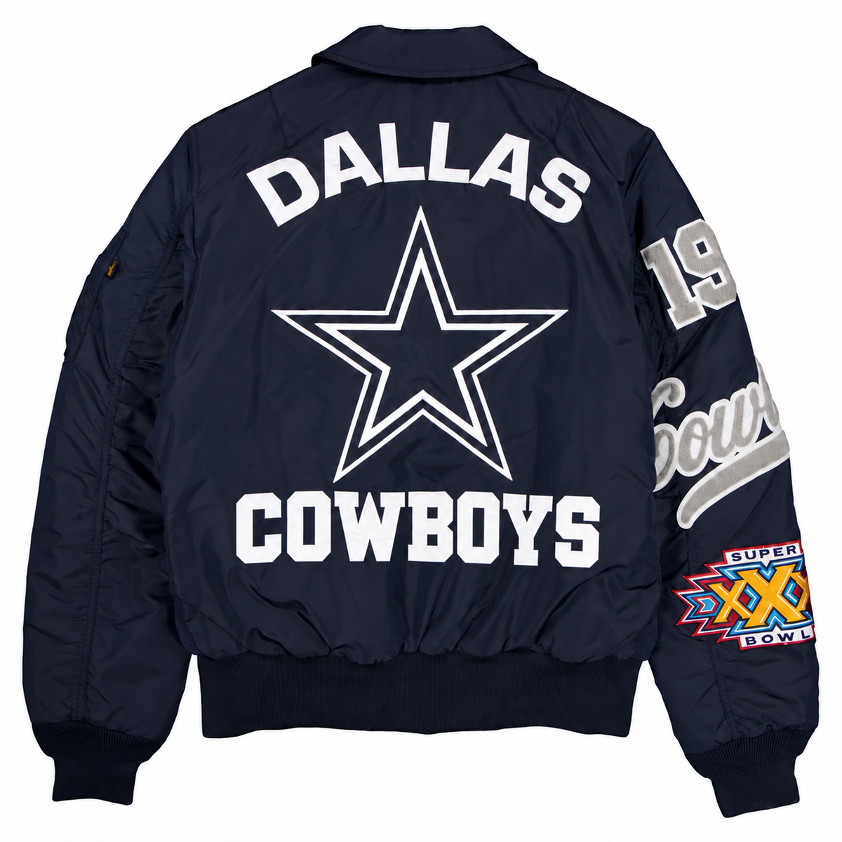 Dallas Cowboys navy MA-1 inspired bomber jacket back with COWBOYS lettering below star