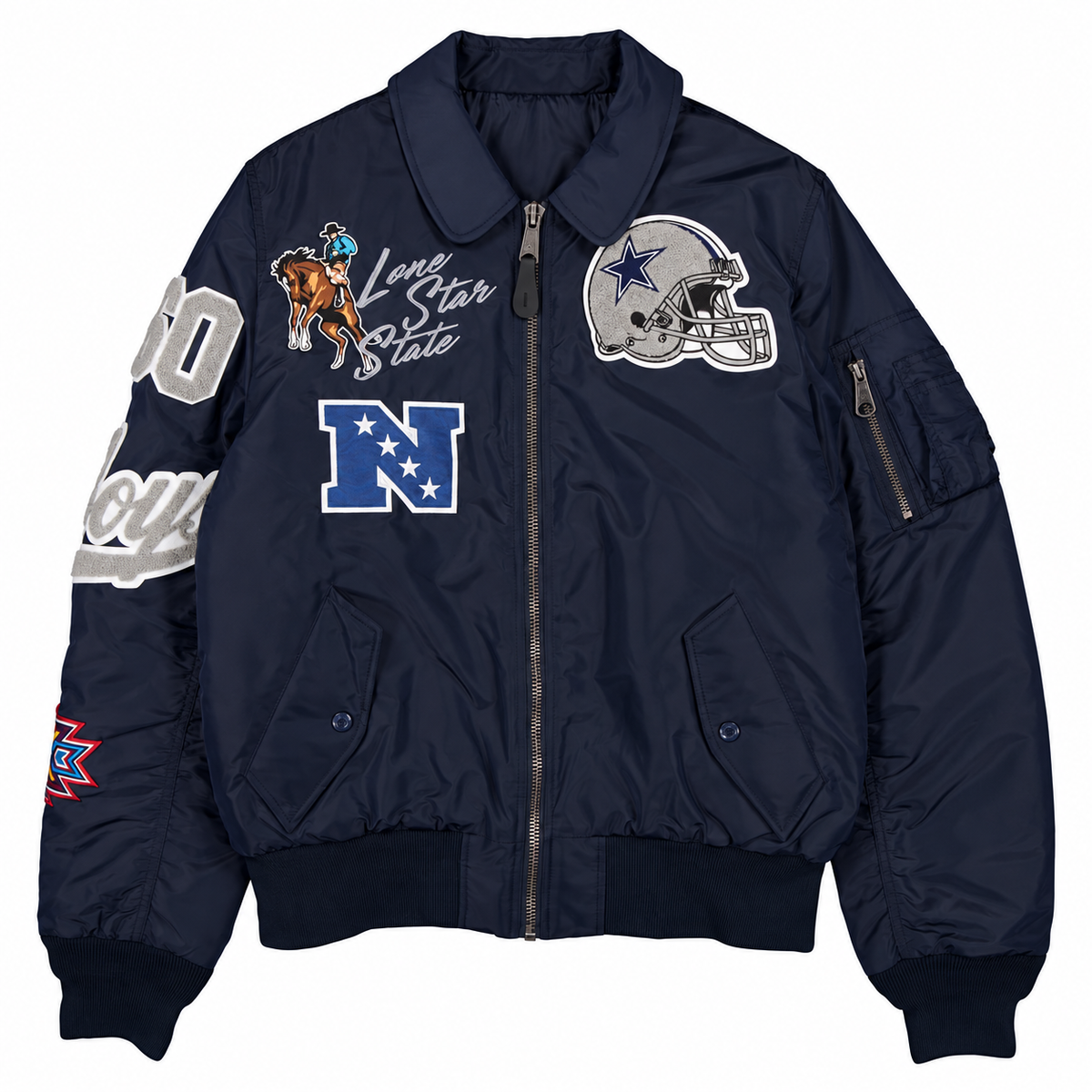 Dallas Cowboys navy MA-1 inspired bomber jacket front, no ribbons or collar label