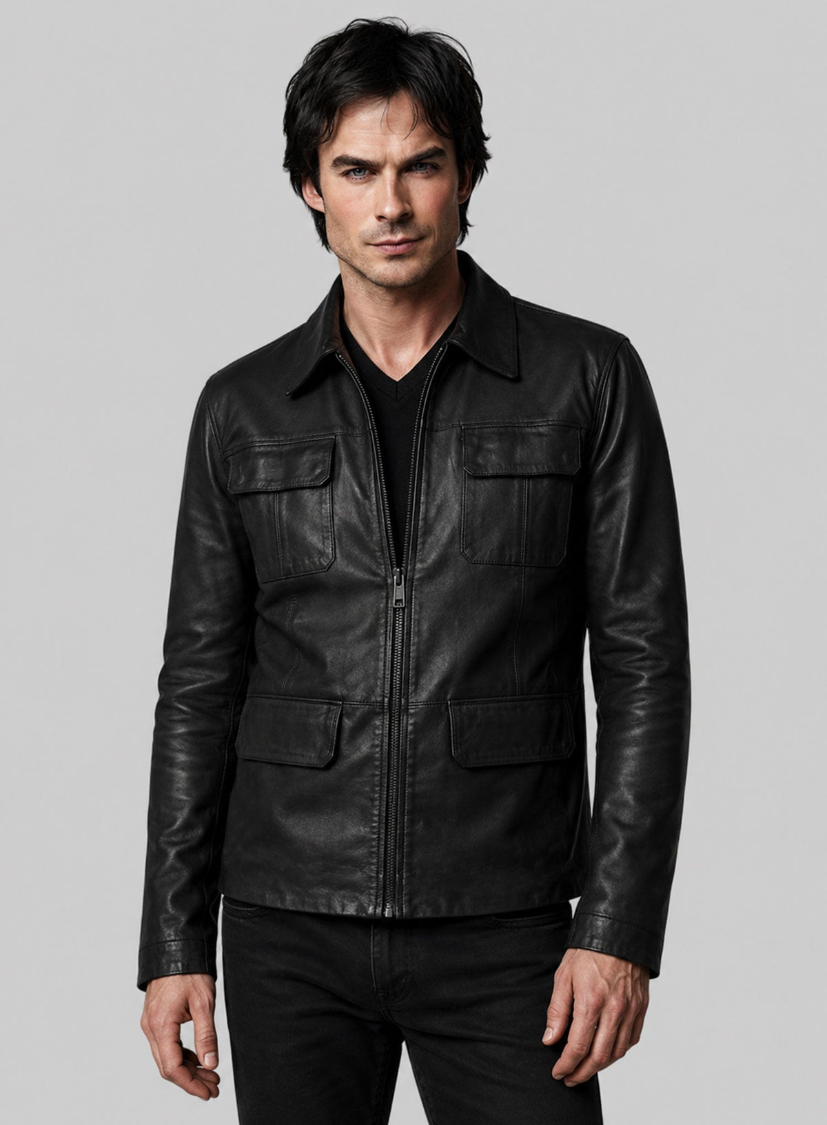 Damon Salvatore Black Leather Jacket in black Napa leather, product view 5