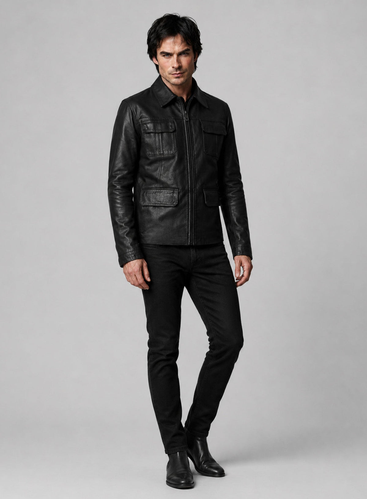 Damon Salvatore Black Leather Jacket in black Napa leather, product view 6