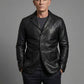 Daniel Craig Black Leather Blazer – close-up and worn views