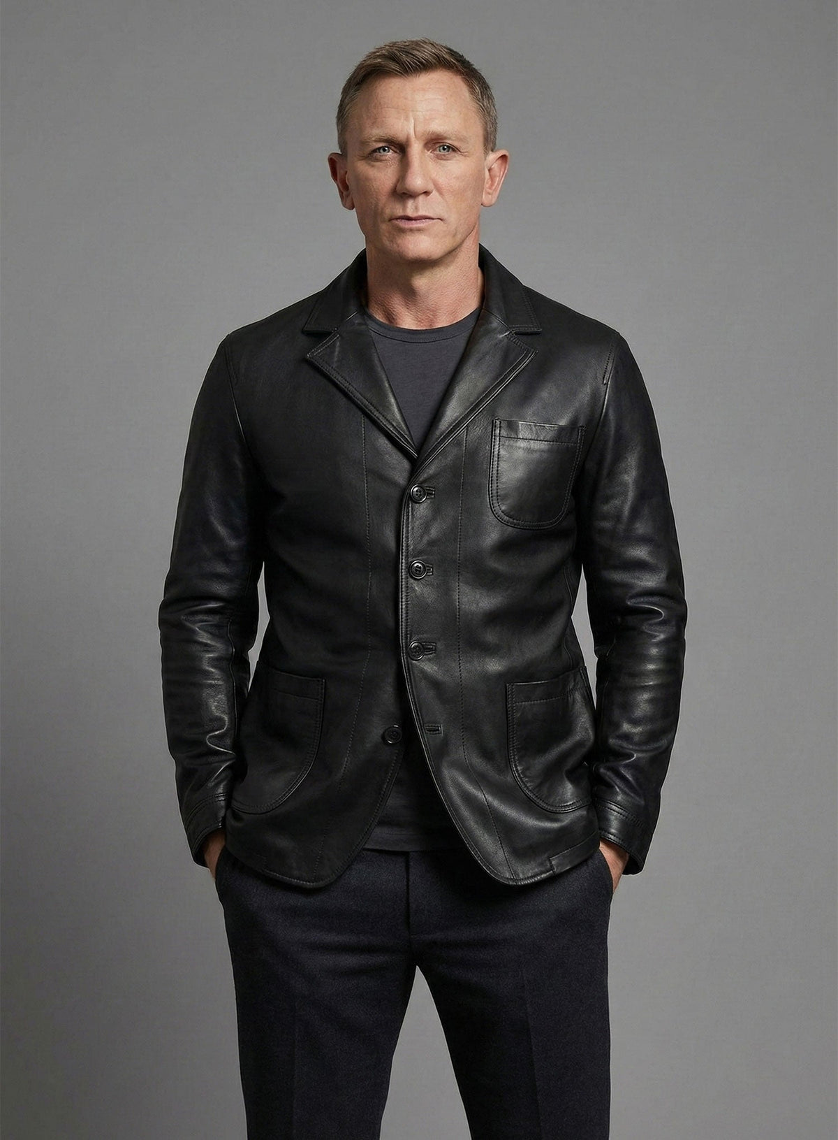 Daniel Craig Black Leather Blazer – close-up and worn views