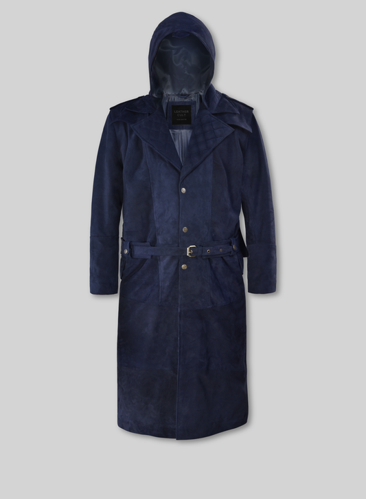 Assassin's Creed Jacob Frye Dark Blue Suede Long Coat – front view