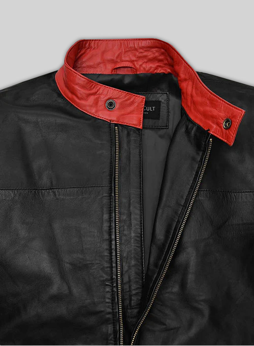 Dark Knight Black Leather Jacket – close-up and worn views