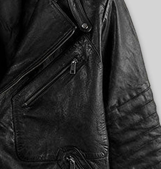 David Gray Leather Jacket – close-up detail of front closure, pocket and leather stitching