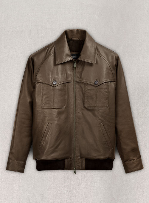 David Beckham Brown Bomber Leather Jacket – front view