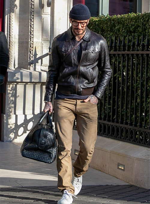 David Beckham Brown Bomber Leather Jacket – close-up detail of leather and stitching