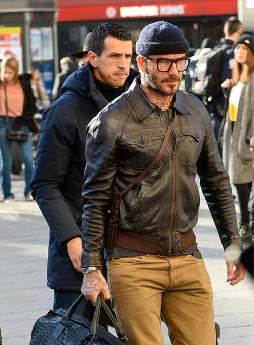 David Beckham Brown Bomber Leather Jacket – worn look