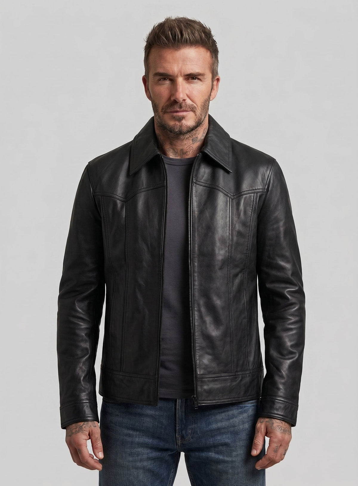 David Beckham Black Casual Leather Jacket – worn look
