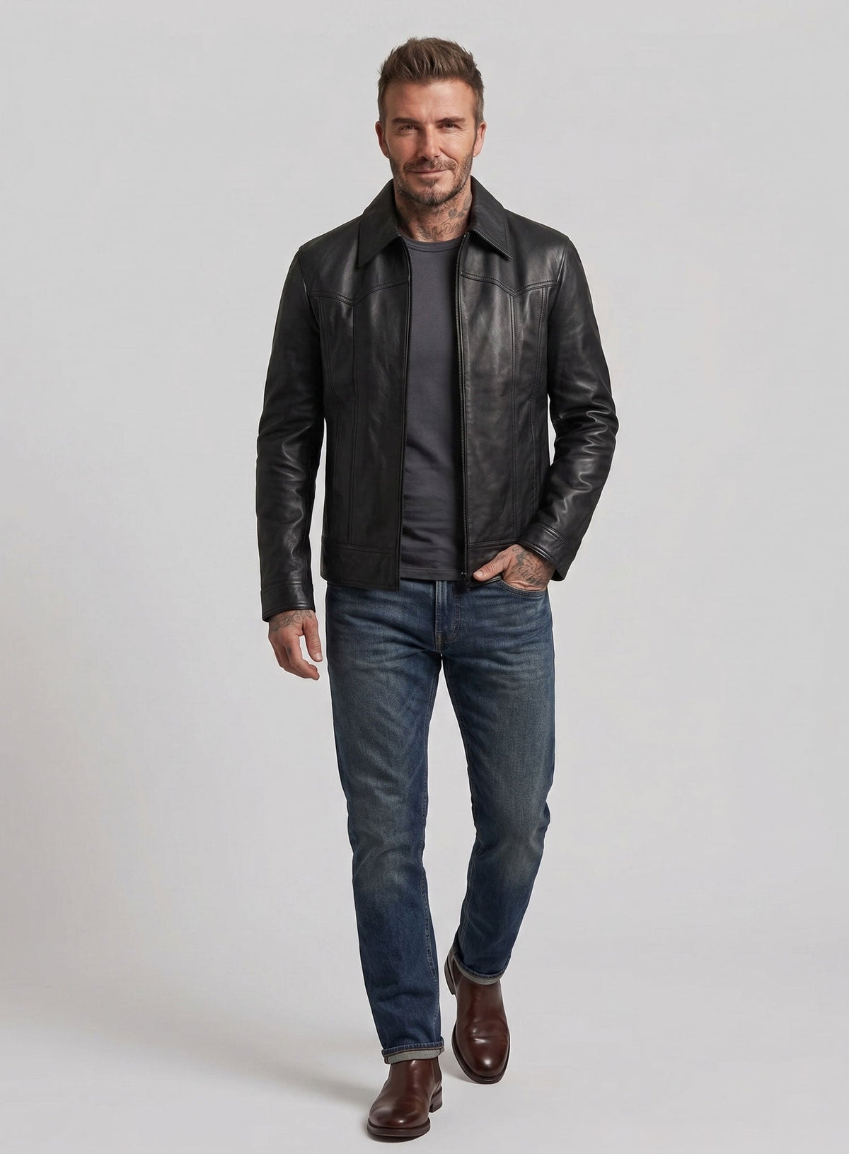 David Beckham Black Casual Leather Jacket – worn look