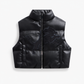 Detroit Lions women's black faux leather cropped puffer vest, front view without dangling cords or front brand patch