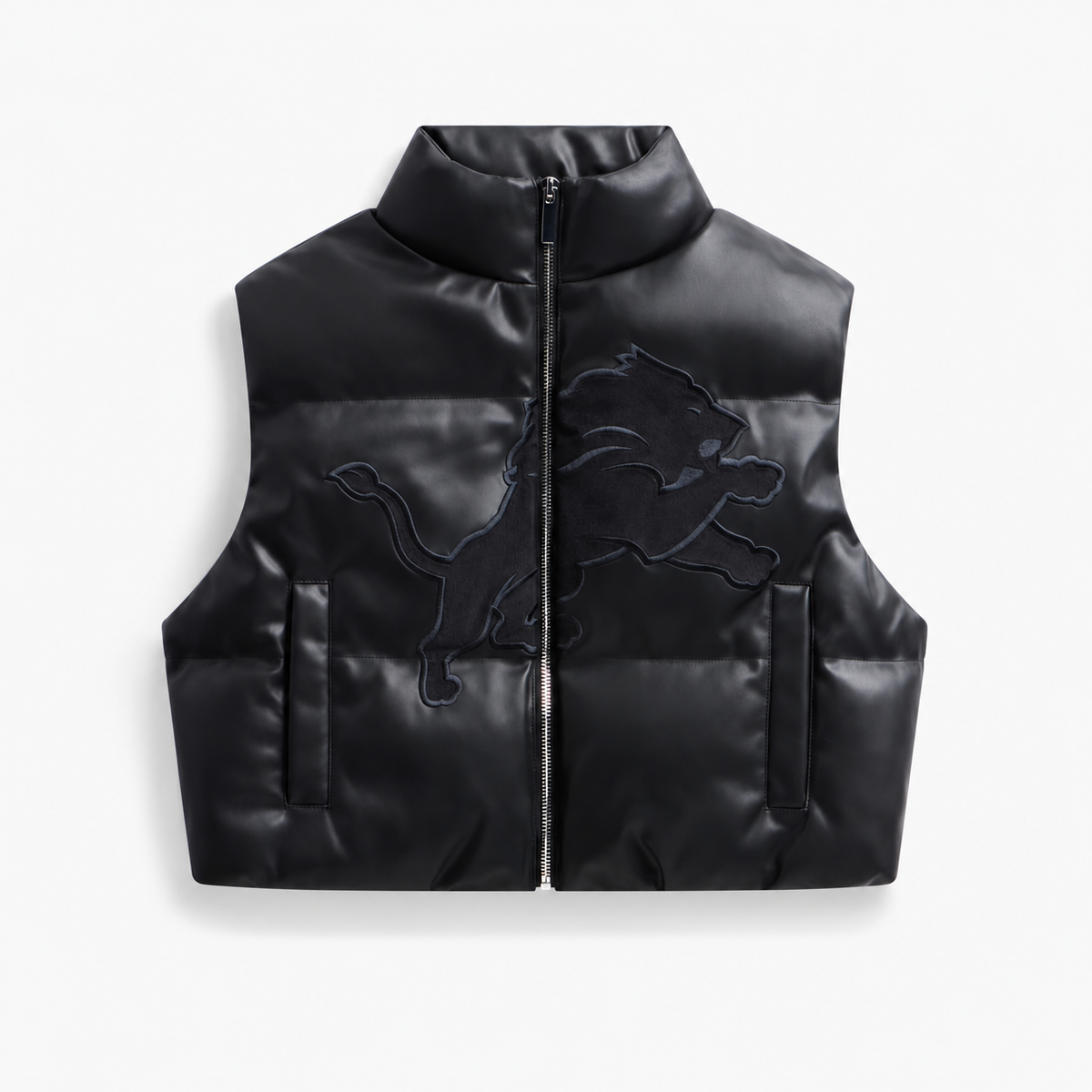 Detroit Lions women's black faux leather cropped puffer vest, front view without dangling cords or front brand patch