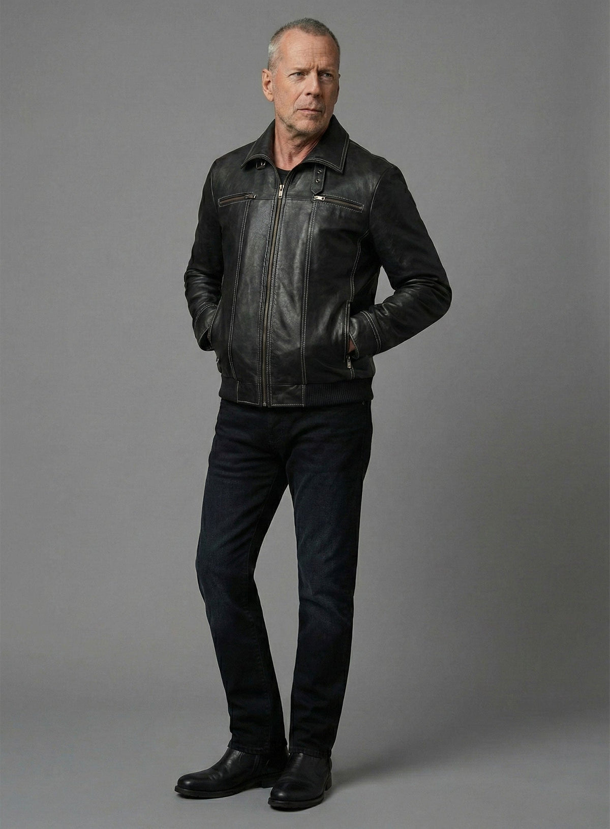 Die Hard 5 Bruce Willis Black Leather Jacket – close-up and worn views