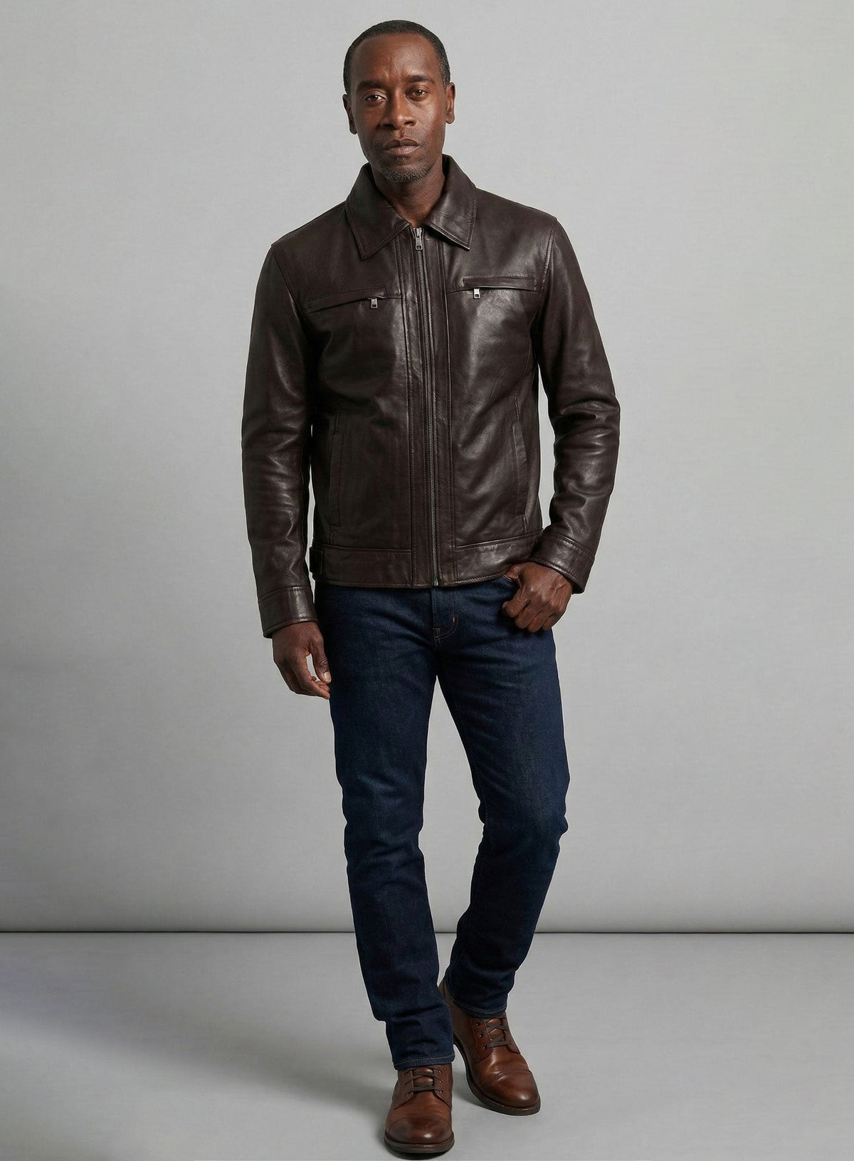 Don Cheadle Traitor Dark Brown Leather Jacket – close-up and worn views