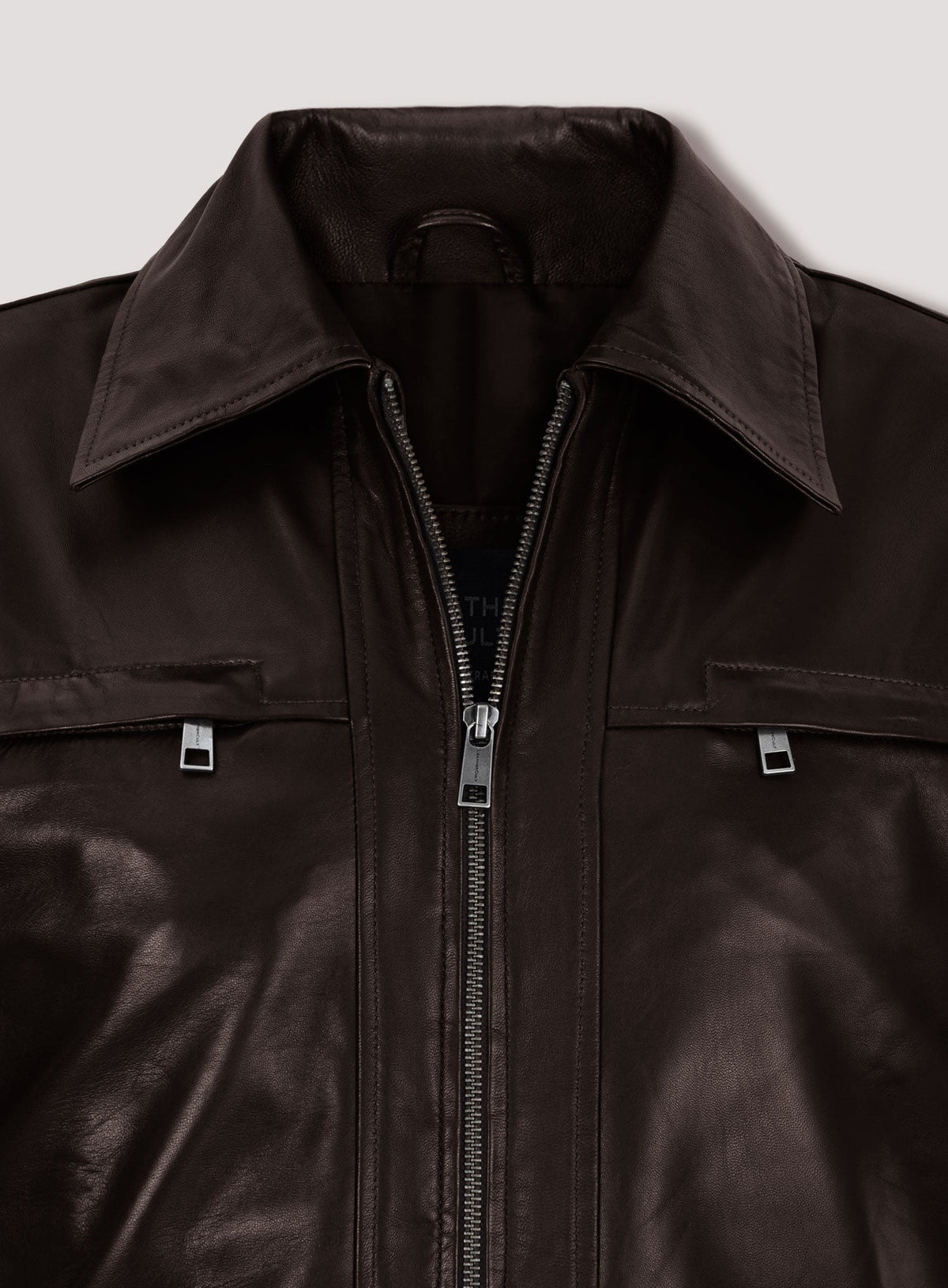 Don Cheadle Traitor Dark Brown Leather Jacket – close-up and worn views