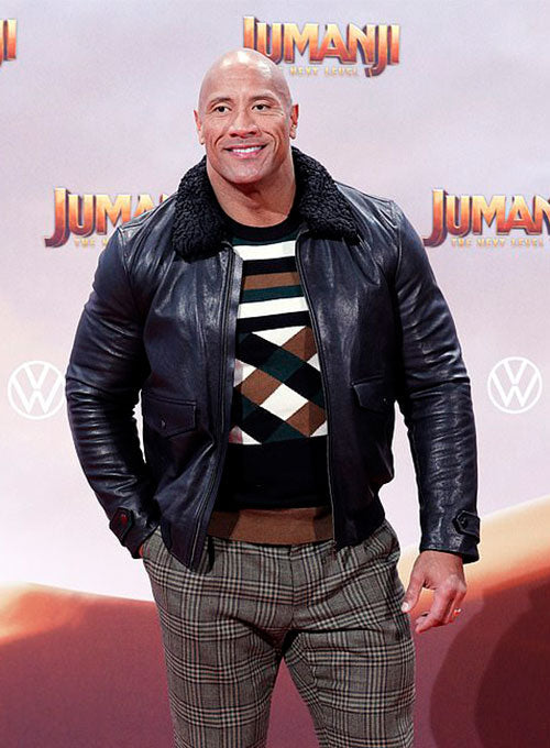 Dwayne Johnson Jumanji World Premiere Black Leather Jacket – Dwayne Johnson celebrity photo in Jumanji World Premiere